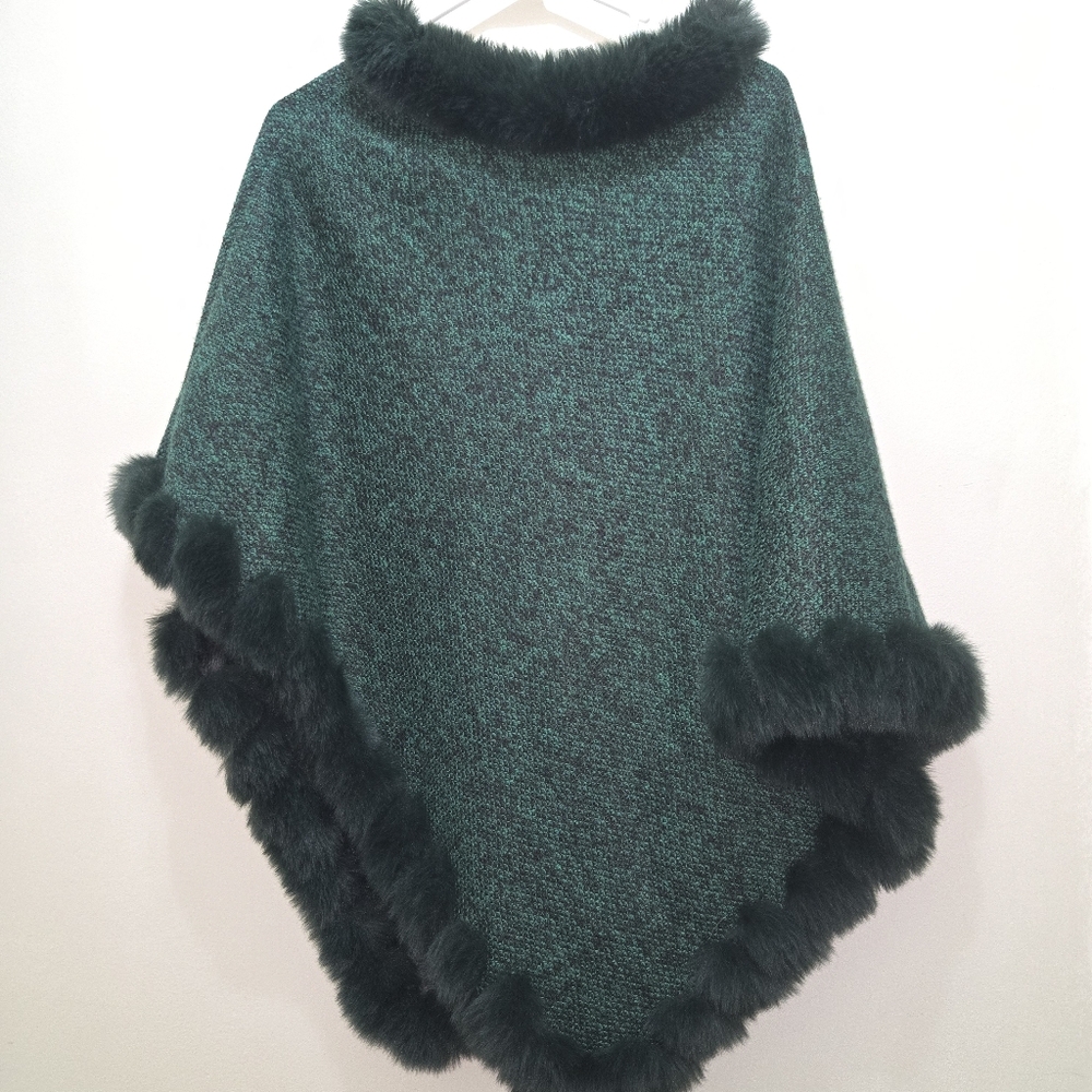 Top It Off Emerald Green Wool and Faux Fur Trim Poncho Shawl Wrap Quiet Luxury